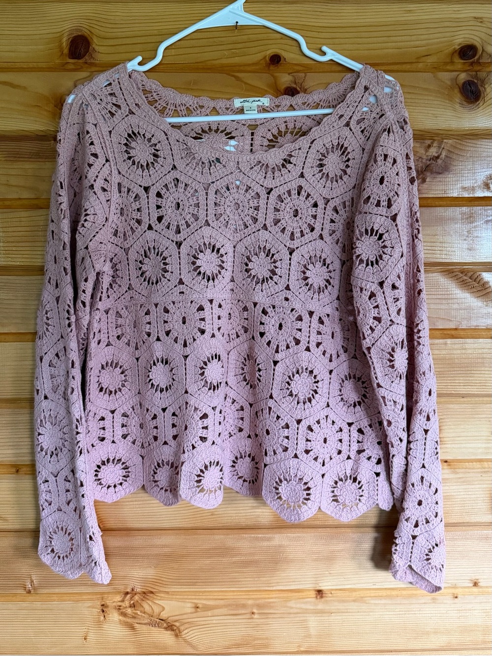Ultra Pink Crochet Openwork Long-Sleeve Top - Dusty Pink